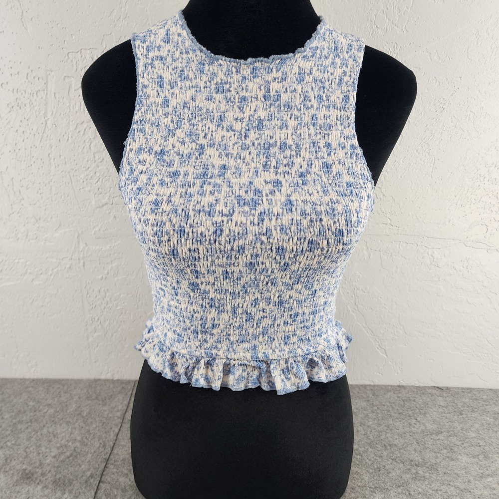 Hazel & Olive Blue Floral Smocked Ruffle Hem Tank Top Boho Summer Womens Medium